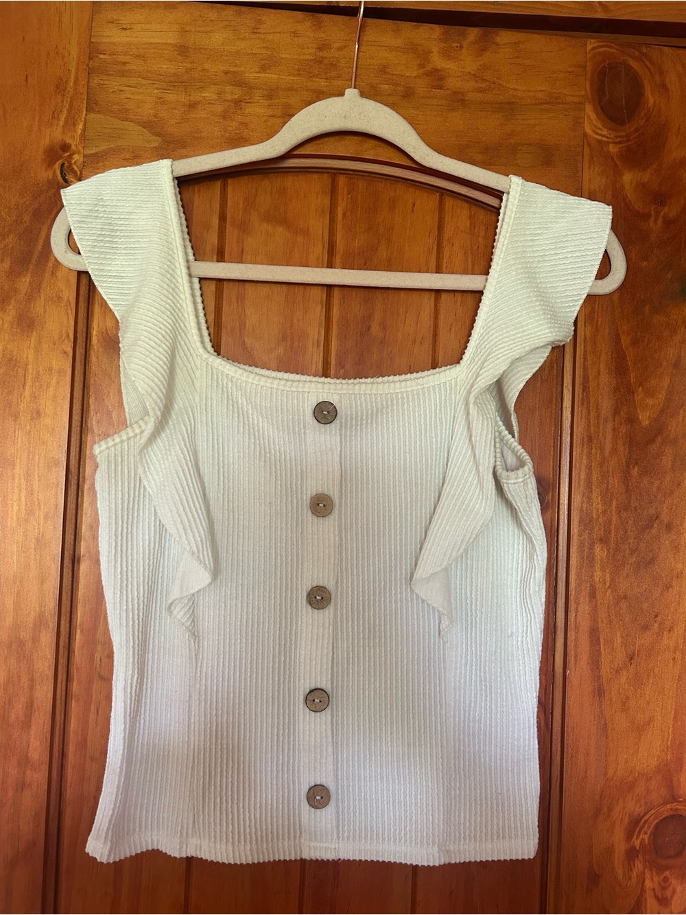 Caution To The Wind Cream Ribbed Button Tank with Ruffle Straps